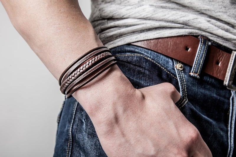 SERASAR 25cm Brown Bracelets Gifts Pure Braided Cowhide Leather Flexible Multi Layer Cord Wrap Box Men Boy Male Bracelet Band Bracelets. - Image 3